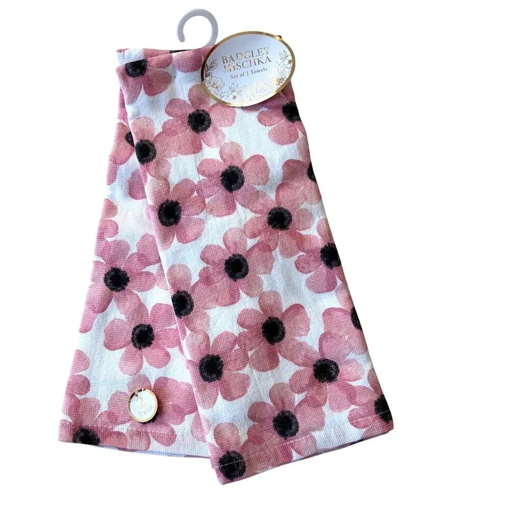 Badgley Mischka Pink Daisy Kitchen Towels 2pc 100% Cotton Designer Decor NEW